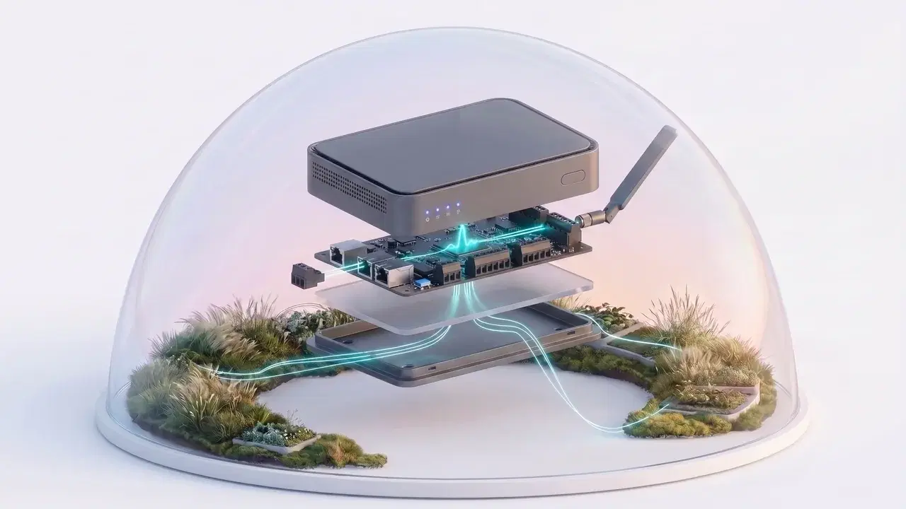 IoT gateway and hardware layers inside a glass dome